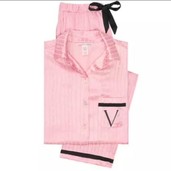 VS Satin Long Sleeve Button Up Pajama Set Black V Embroidery & Pink Pinstripe - Picture 9 of 10